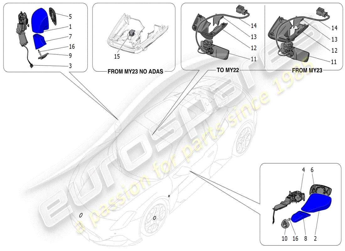 maserati mc20 (2024) diagrama de piezas de los espejos retrovisores internos y externos