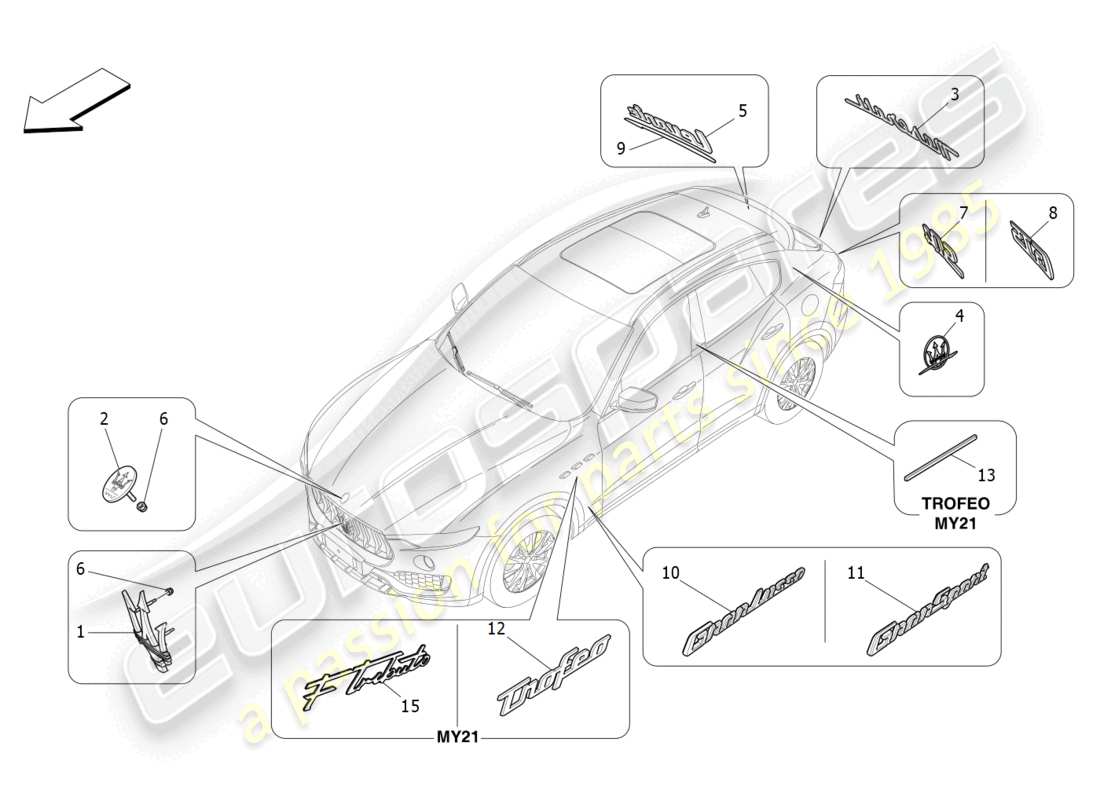 maserati levante zenga (2020) diagrama de piezas de adornos, marcas y símbolos