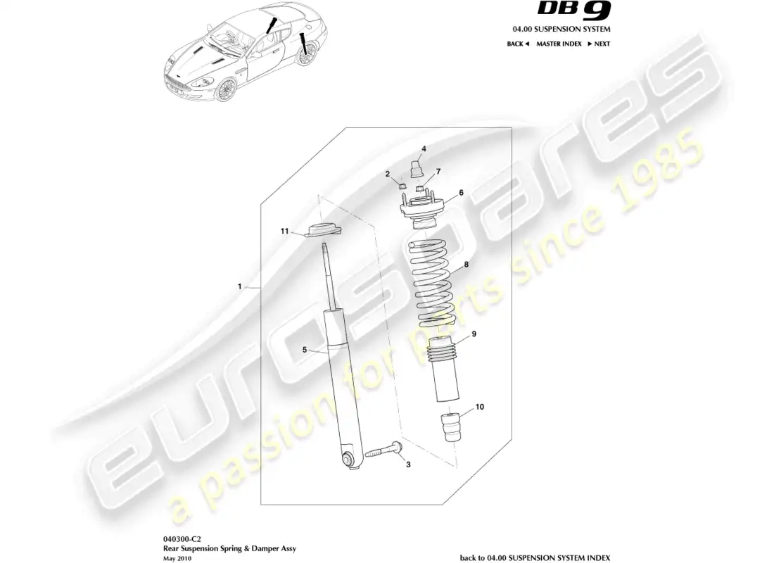 aston martin db9 (2008) amortiguador de resorte trasero, a 09my diagrama de piezas