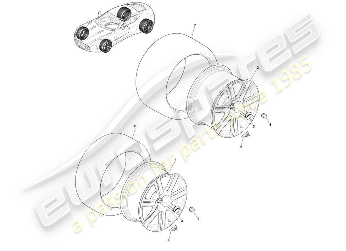aston martin one-77 (2011) diagrama de piezas de ruedas y neumáticos