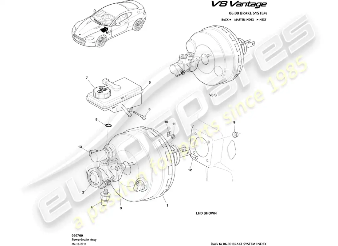 aston martin v8 vantage (2008) diagrama de piezas del conjunto del freno de potencia