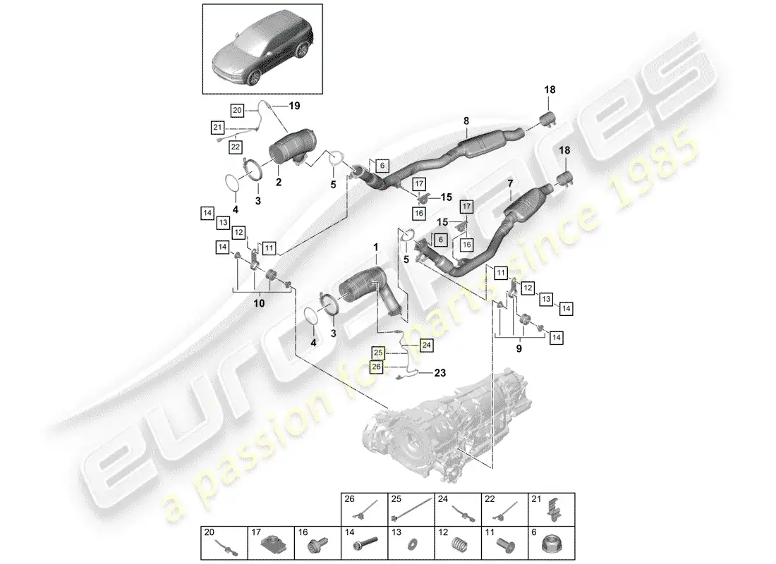 porsche 2020 (cayenne e3 9ya/9yb) sistema de escape diagrama de piezas
