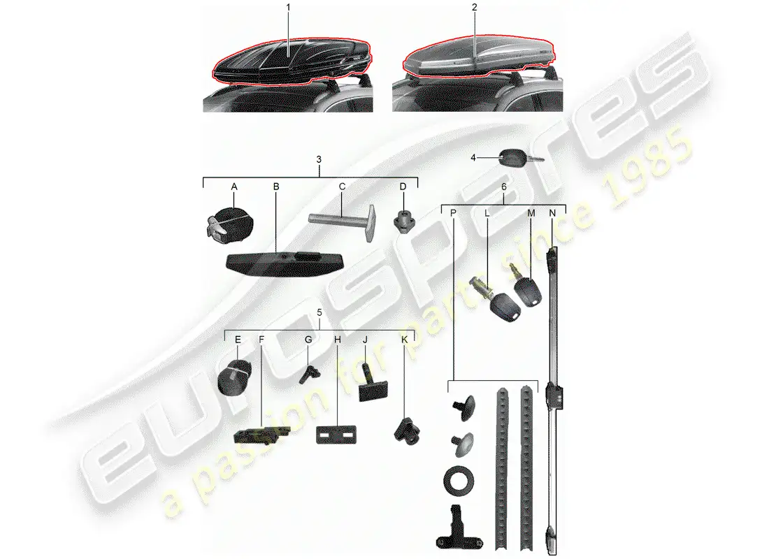porsche 2018 (tequipment macan) caja de techo diagrama de piezas