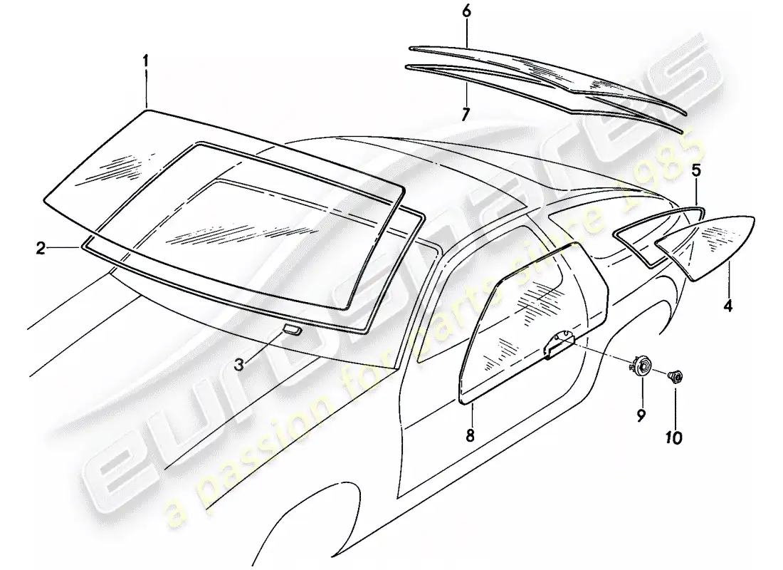 porsche 1985 (928) acristalamiento de ventanas diagrama de piezas