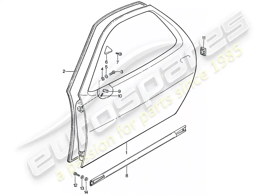 porsche 1982 (928) diagrama de piezas de la carcasa de la puerta