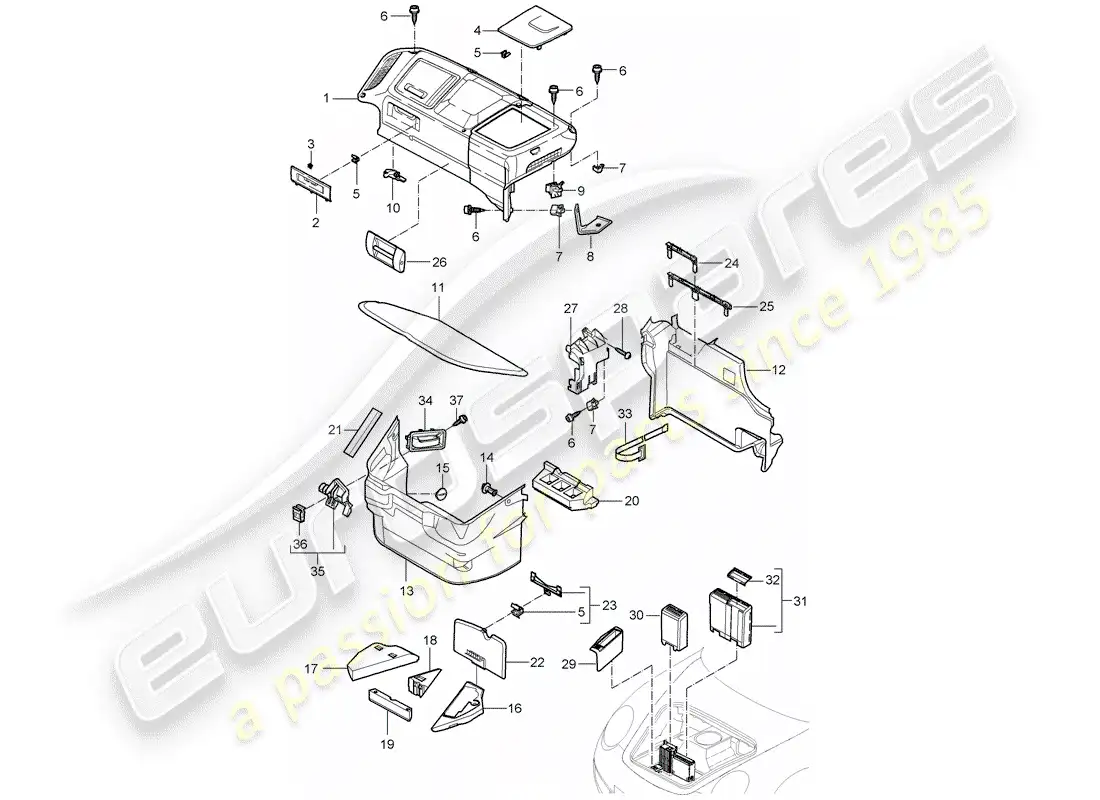 porsche 2008 (997-1 turbo / gt2) diagrama de piezas del compartimiento de equipaje