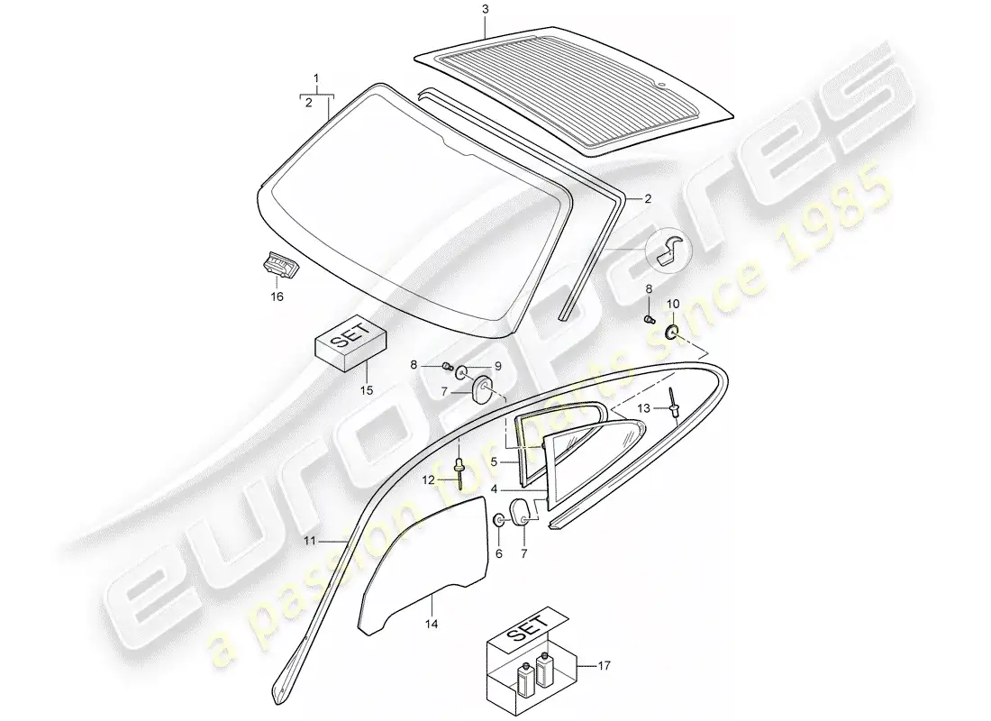porsche 2008 (997-1 turbo / gt2) diagrama de piezas de ventanas