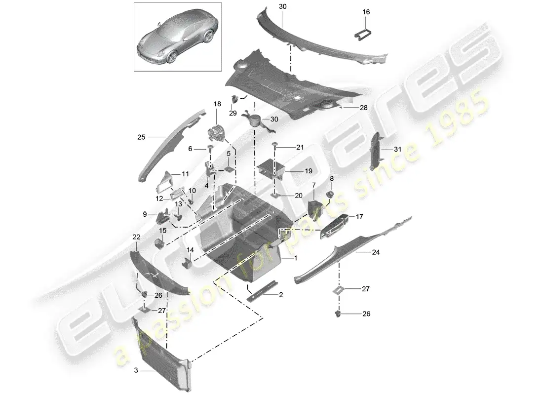 porsche 2012 (991-1) compartimiento de equipaje diagrama de piezas