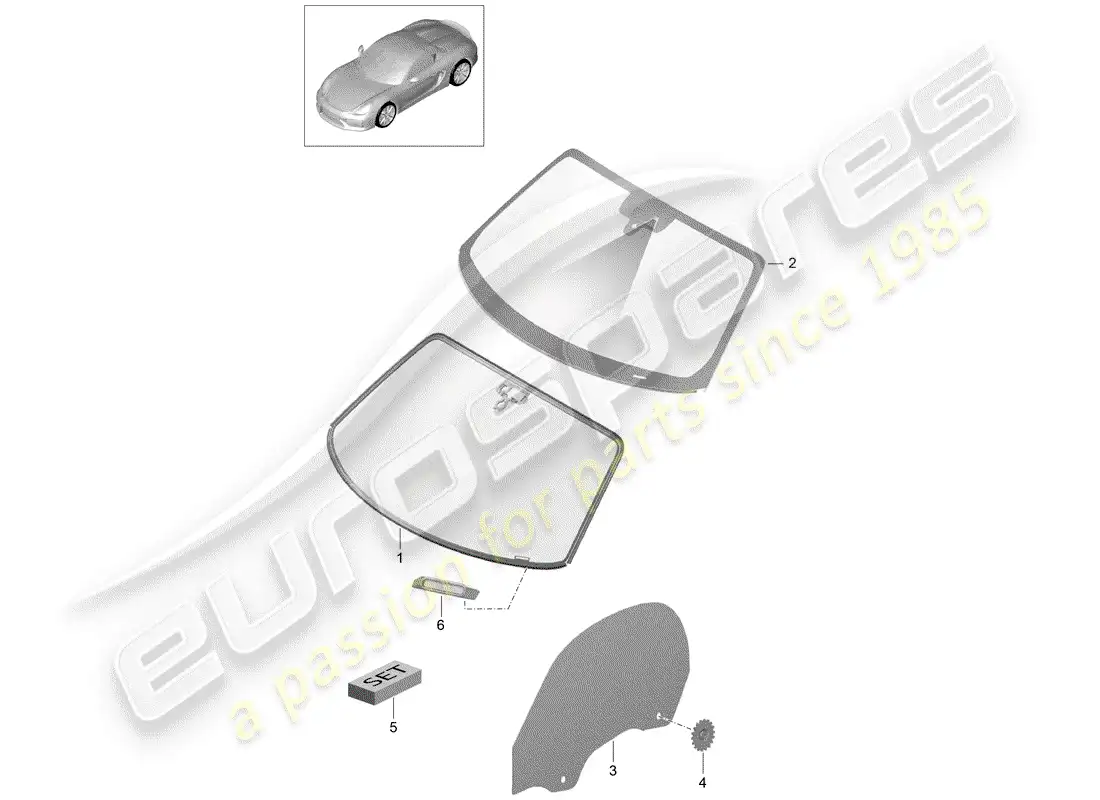 porsche 2016 (981 boxster spyder) acristalamiento de ventanas diagrama de piezas