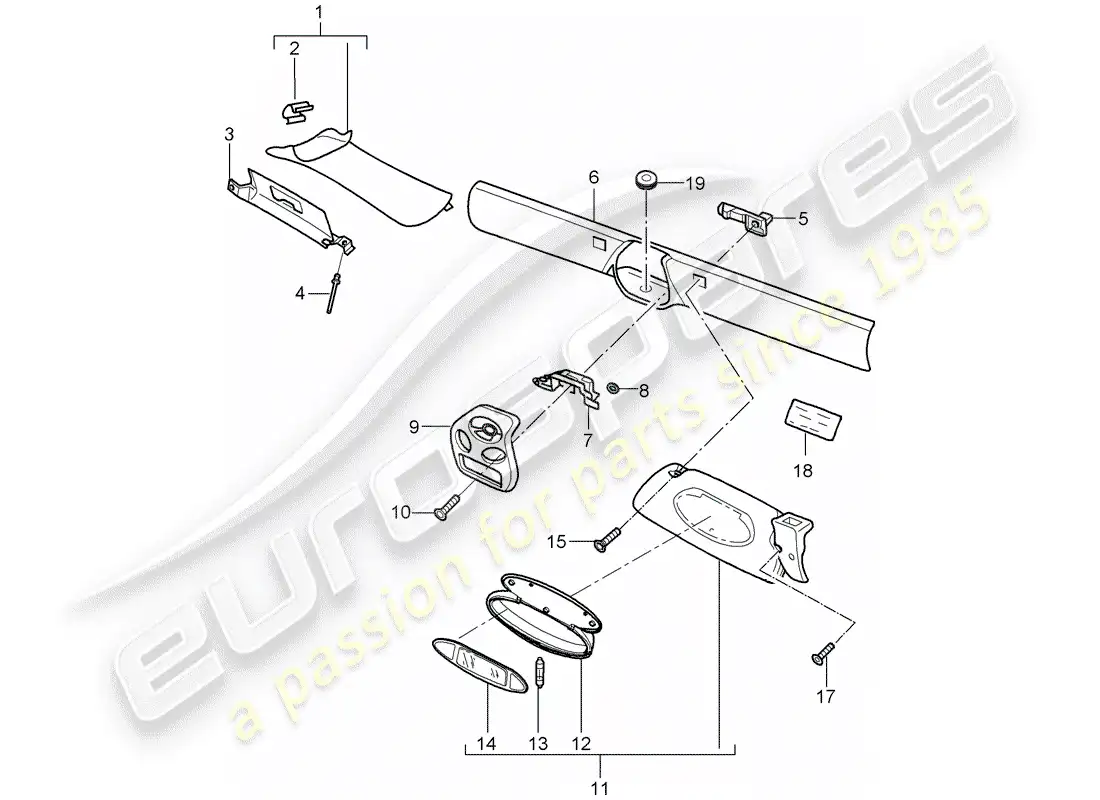 porsche 1997 (986 boxster) marco del parabrisas - parasoles diagrama de piezas
