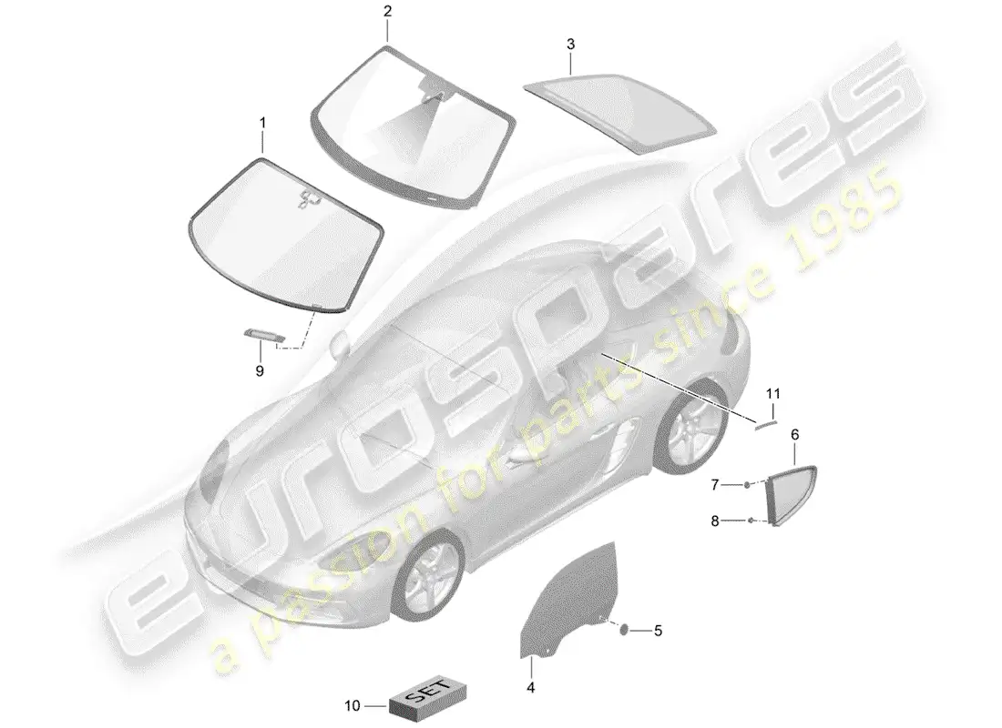 porsche 2018 (718 cayman) vidrio del parabrisas diagrama de piezas
