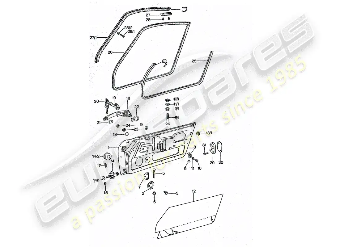 porsche 1975 (911 turbo) puerta - con piezas de instalación diagrama de piezas