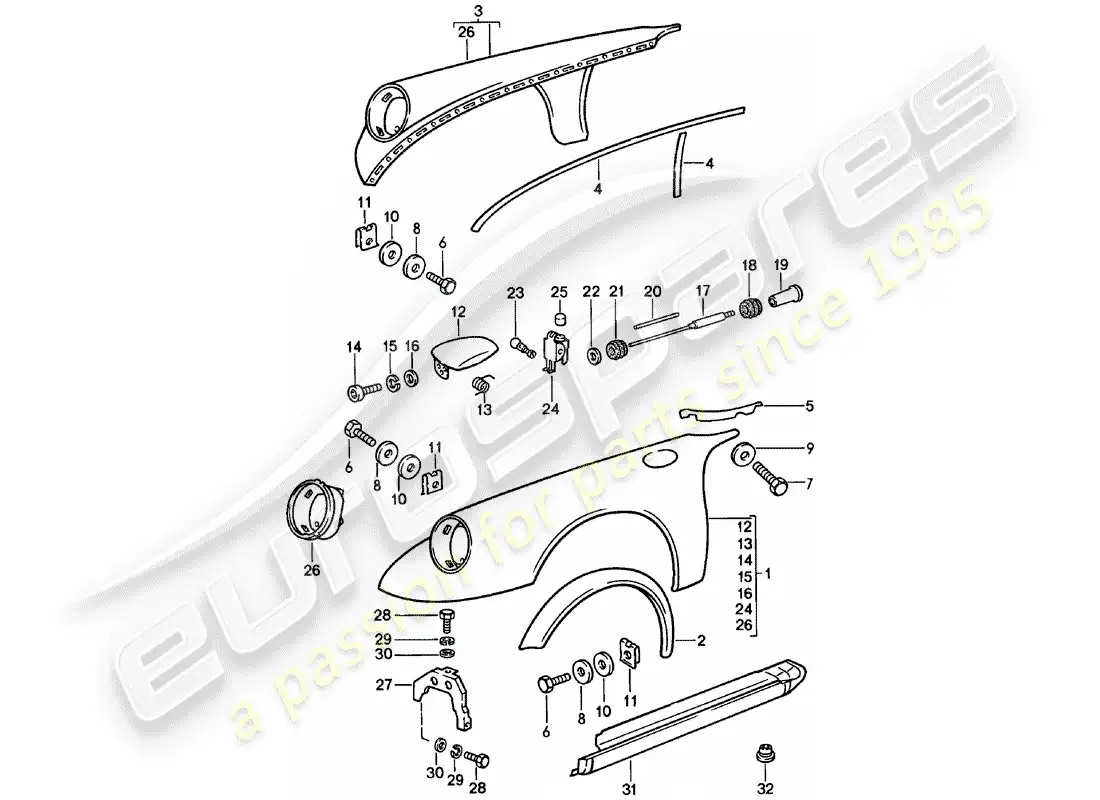 porsche 1981 (911) paneles exteriores diagrama de piezas