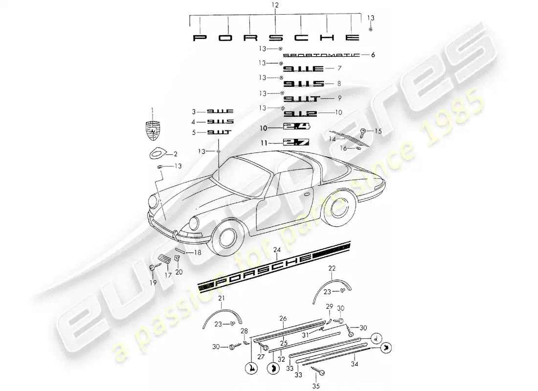 porsche 1971 (911) accesorios decorativos diagrama de piezas