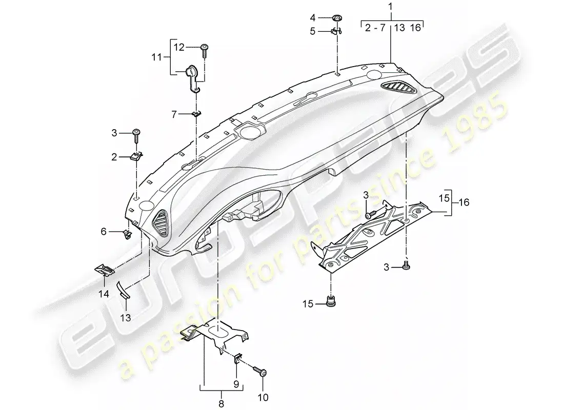 porsche 2009 997-2 turbo / gt2 moldura del panel de instrumentos diagrama de piezas