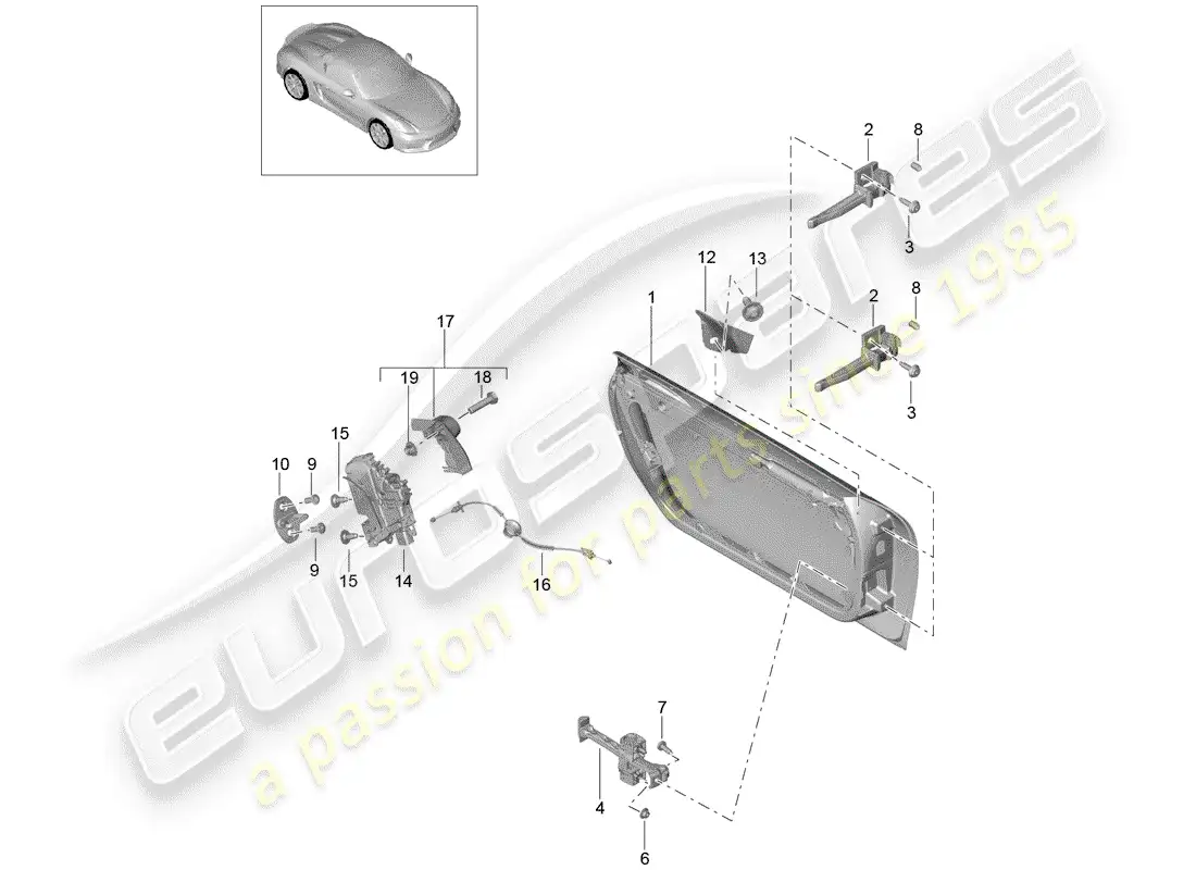 porsche 2016 (981 boxster spyder) carcasa de la puerta diagrama de piezas