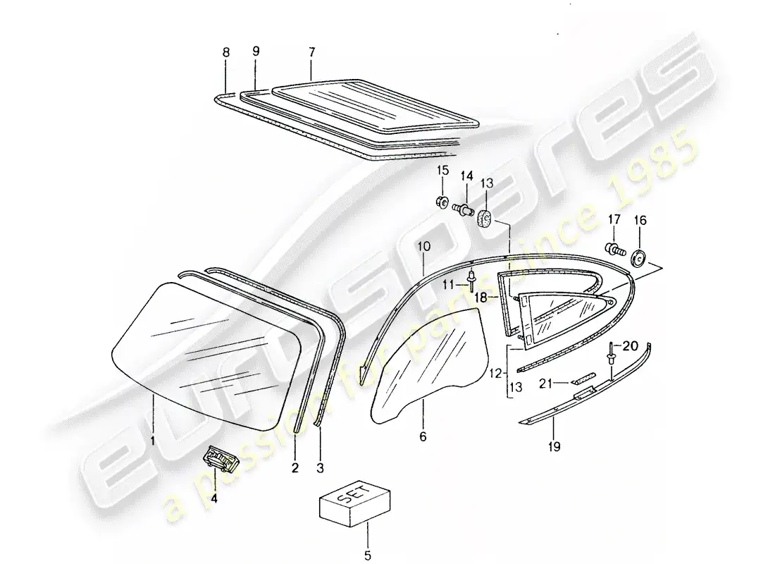 porsche 1999 (996) vidrio parabrisas - ventana trasera - ventana lateral diagrama de piezas