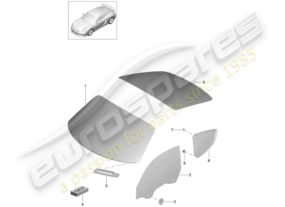 porsche 2016 (981 cayman gt4) diagrama de piezas de ventanas