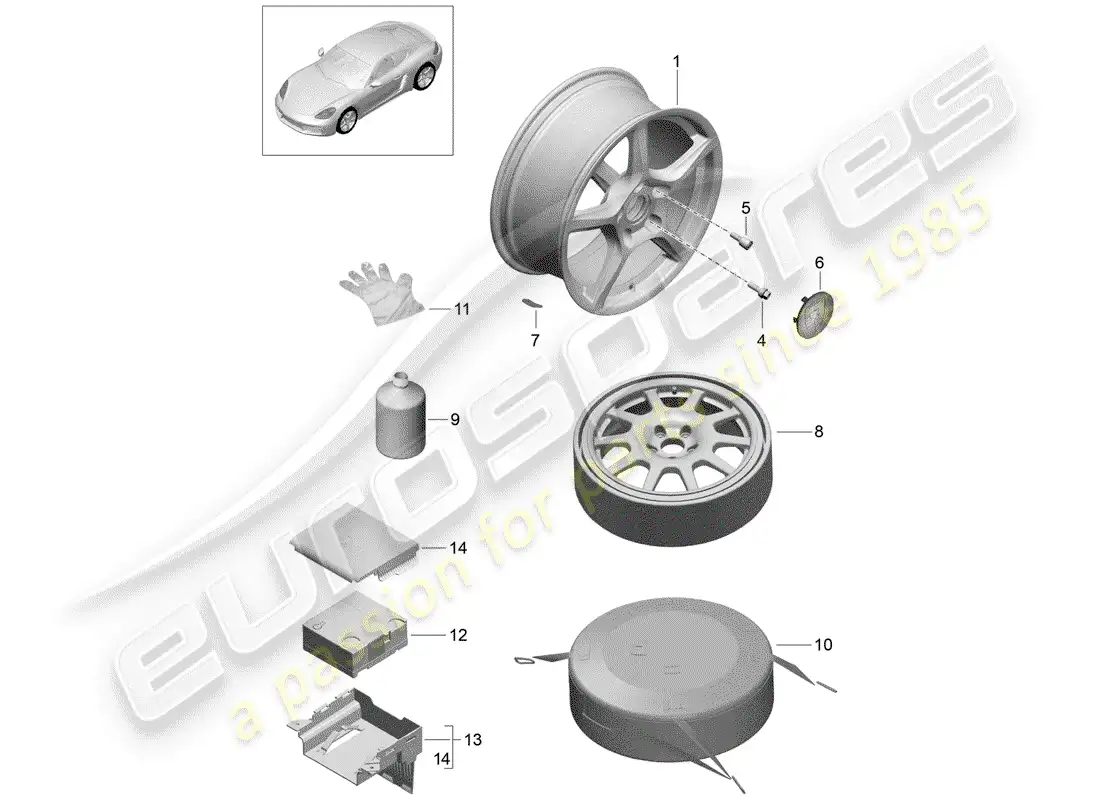 porsche 2019 (718 cayman) rueda de aleación diagrama de piezas