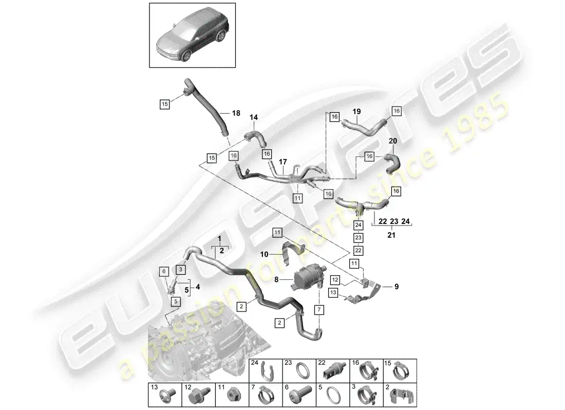 porsche 2020 (cayenne e3 9ya/9yb) water cooling diagrama de piezas