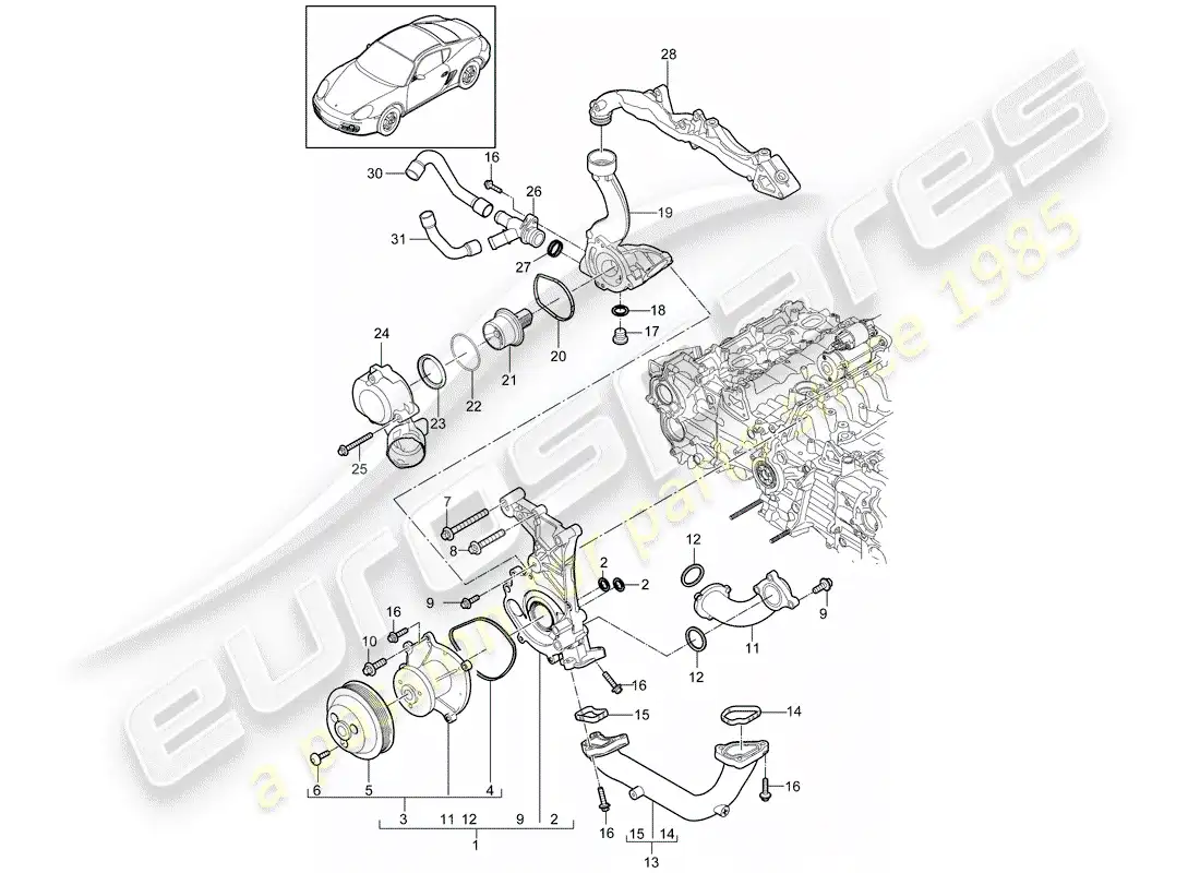 porsche 2010 (987 cayman) bomba de agua diagrama de piezas