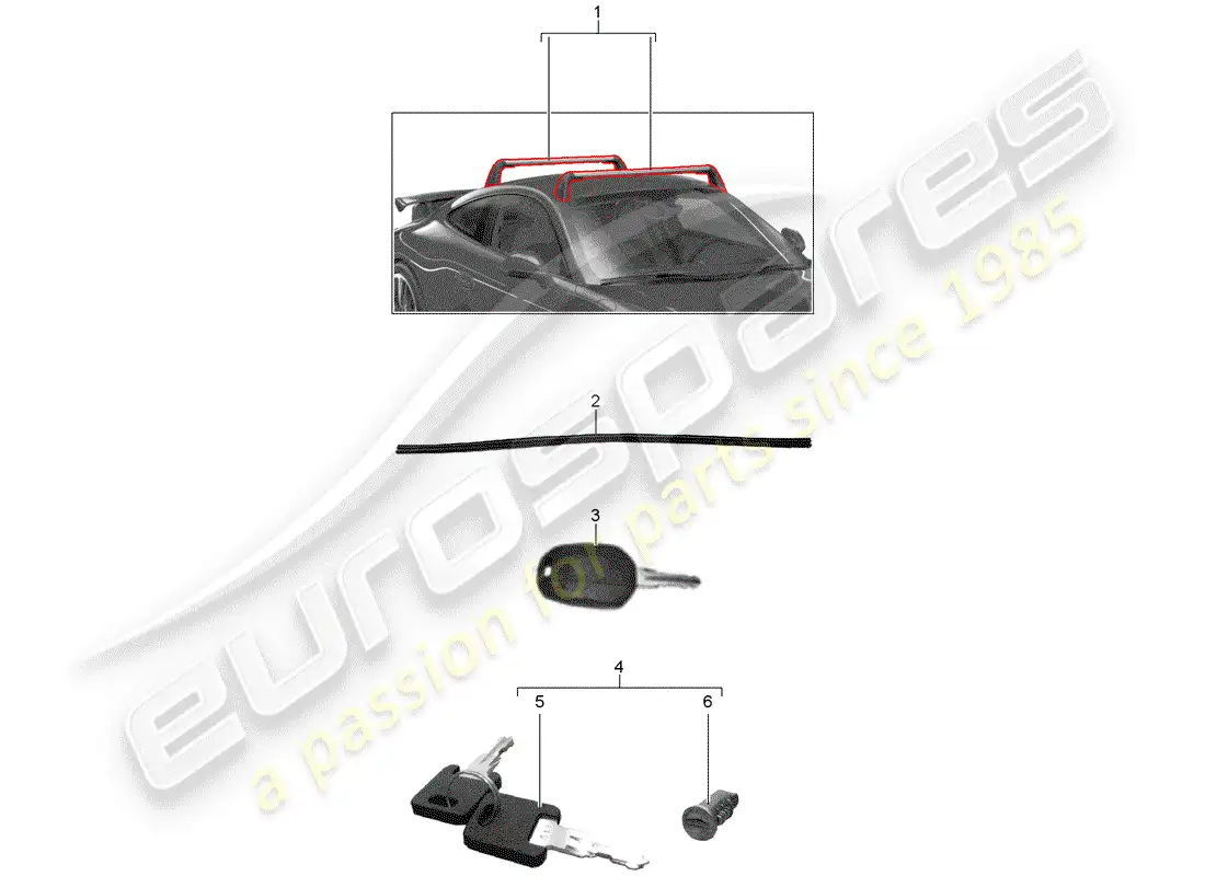 porsche 2012 (tequipment 98x/99x) portaequipajes de techo diagrama de piezas