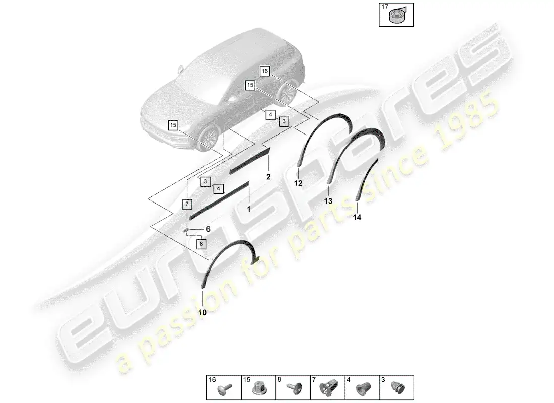 porsche 2020 (cayenne e3 9ya/9yb) cubierta del paso de rueda diagrama de piezas