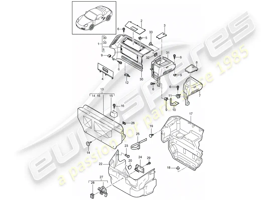 porsche 2012 (987 boxster) compartimiento de equipaje diagrama de piezas