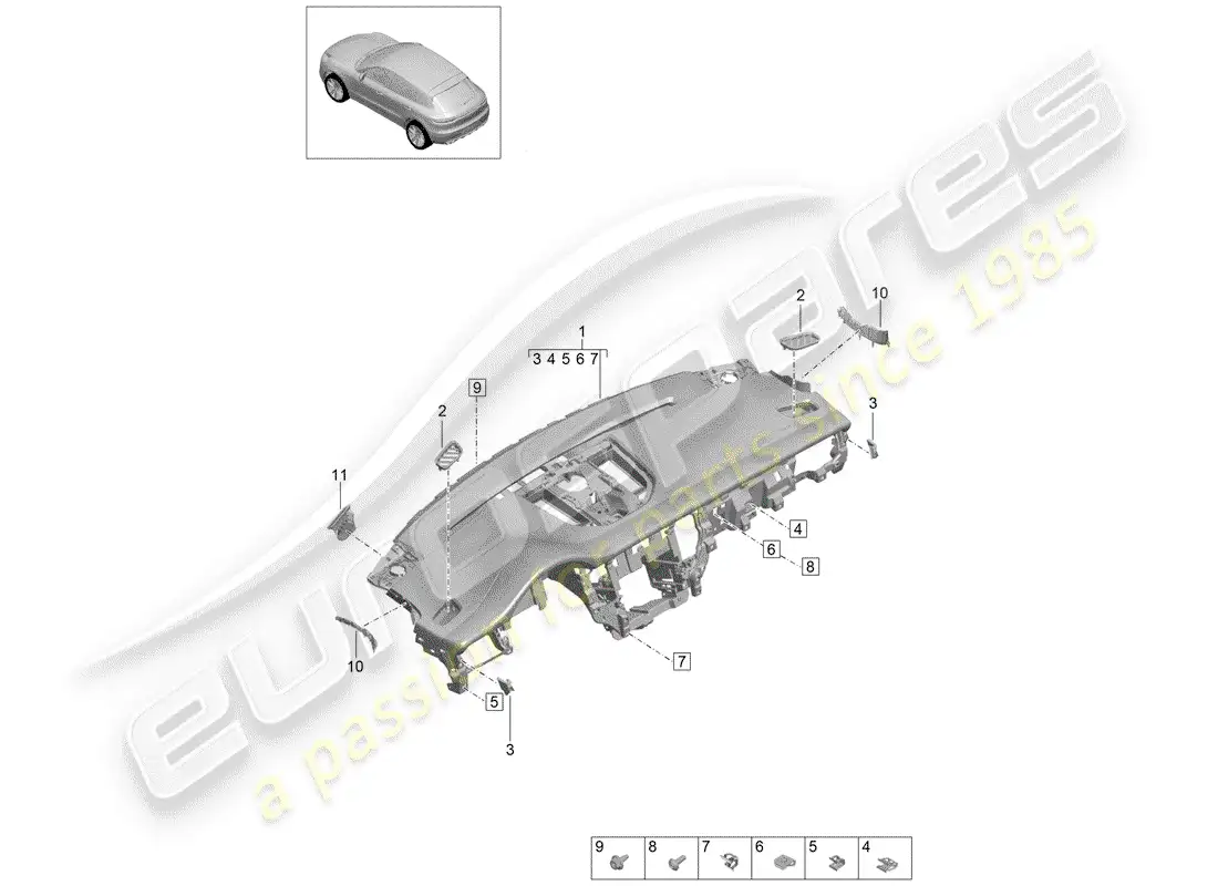 porsche 2019 (macan) moldura del panel de instrumentos diagrama de piezas