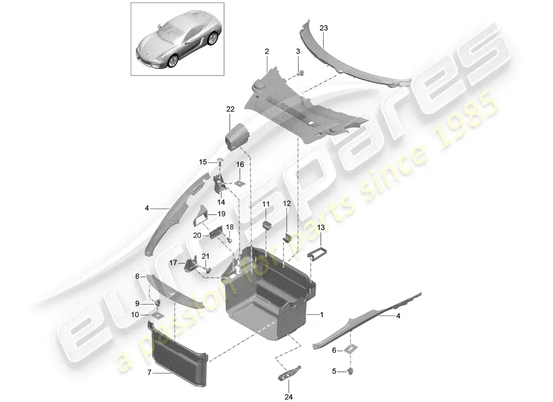 porsche 2014 (981 cayman) compartimiento de equipaje diagrama de piezas