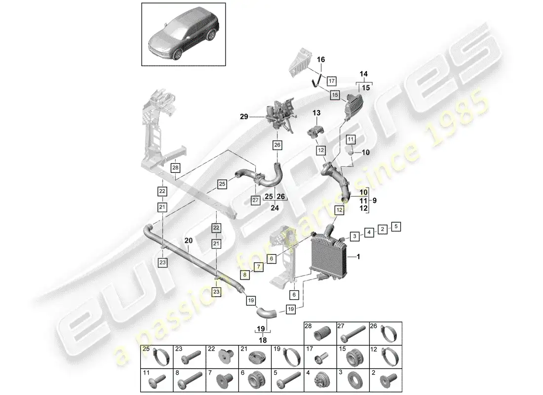 porsche 2020 (cayenne e3 9ya/9yb) enfriador de aire de carga diagrama de piezas