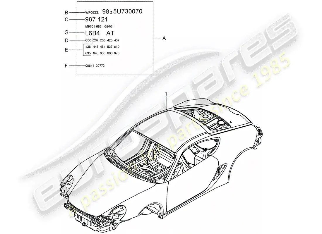 porsche 2009 (987 cayman) cuerpo del auto diagrama de piezas
