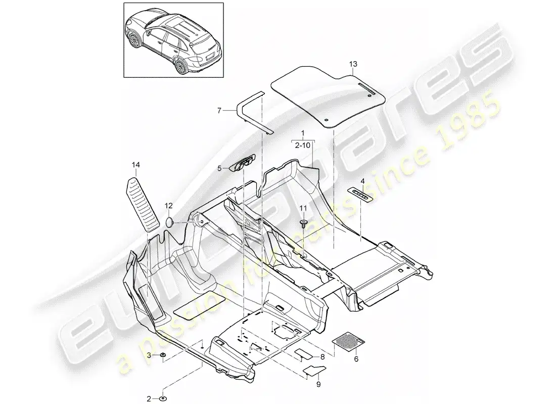 porsche 2013 (cayenne e2 92a) diagrama de piezas de la cubierta del piso