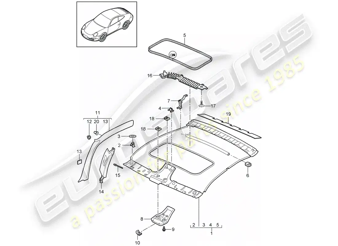 porsche 2012 (997-2 turbo / gt2 rs) panel de adorno de techo diagrama de piezas