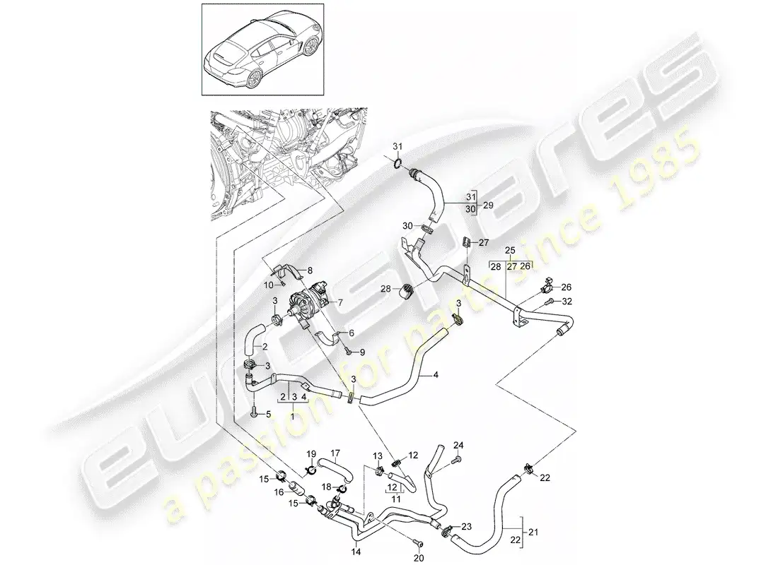 porsche 2012 (panamera 970) diagrama de piezas de refrigeración por agua