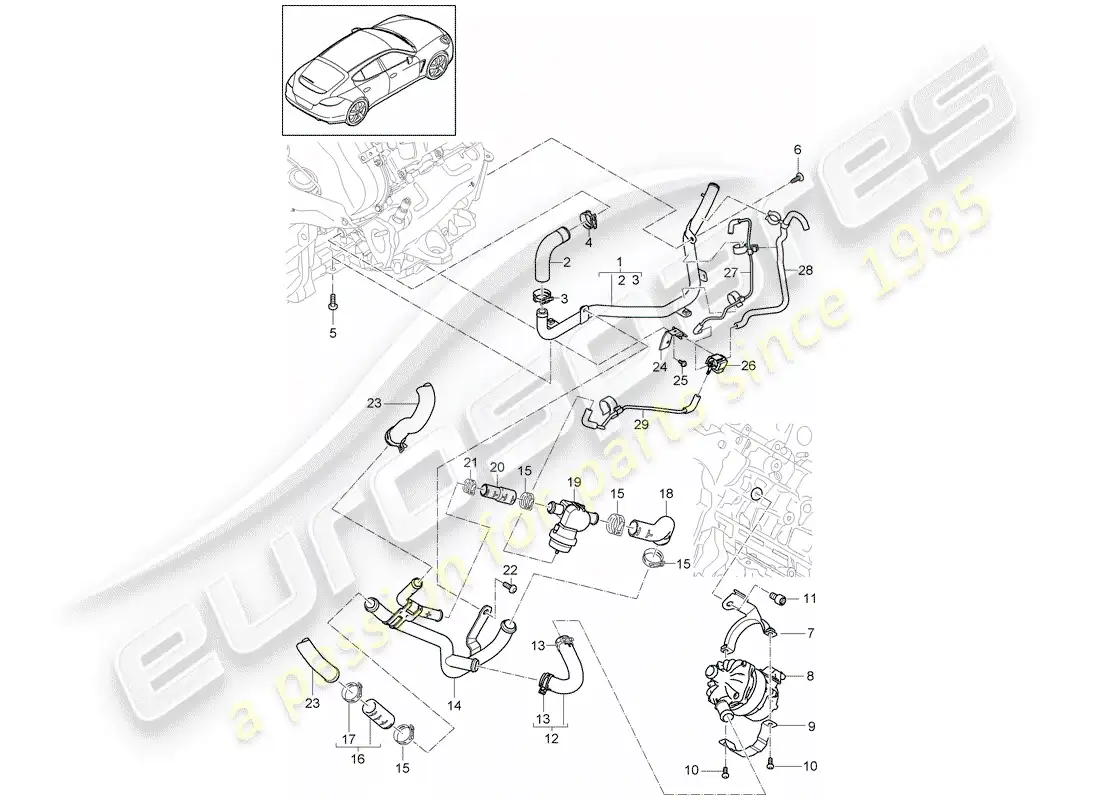 porsche 2012 (panamera 970) diagrama de piezas de refrigeración por agua