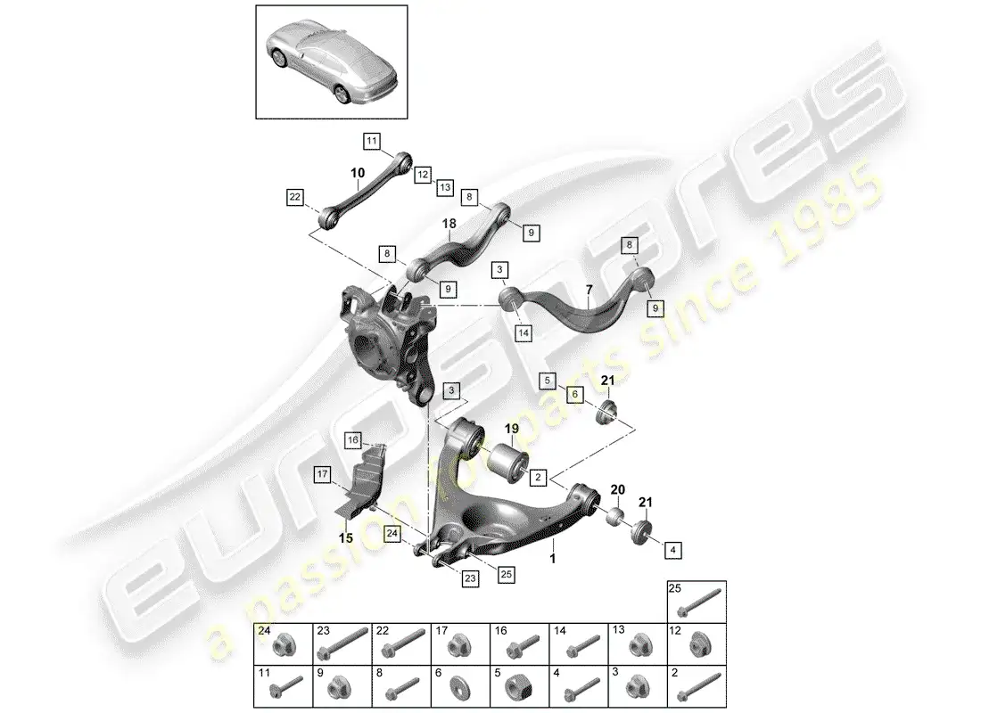 porsche 2017 (panamera 971-1) brazo de control de oruga diagrama de piezas