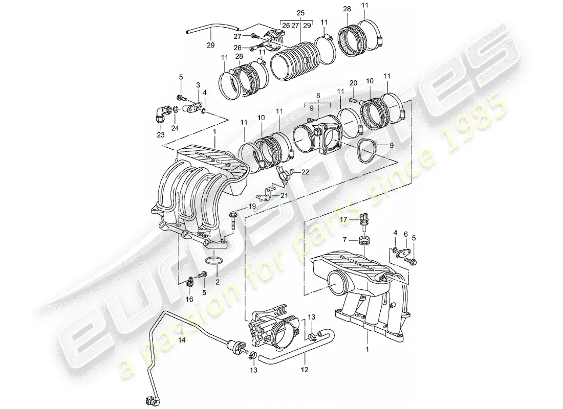 porsche 2000 (986 boxster) distribuidor de aire de admisión diagrama de piezas