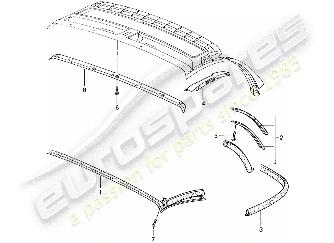 porsche 1999 (986 boxster) top convertible - tira de sello diagrama de piezas