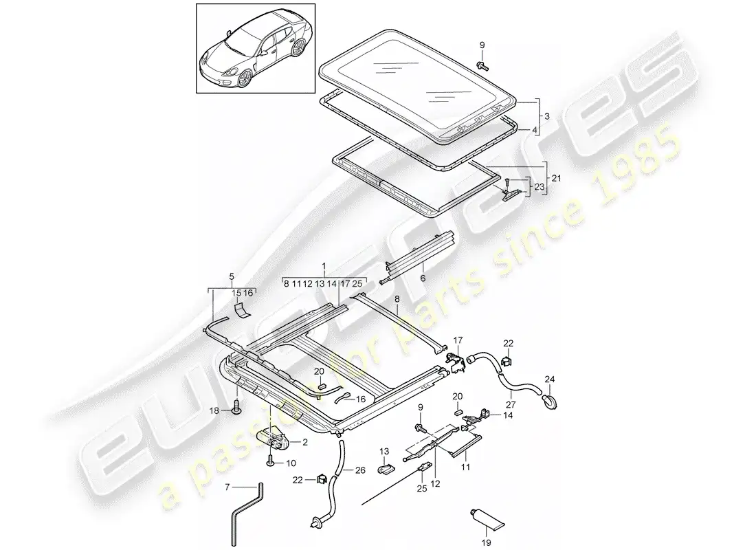 porsche 2016 (panamera 970) techo corredizo/abatible diagrama de piezas