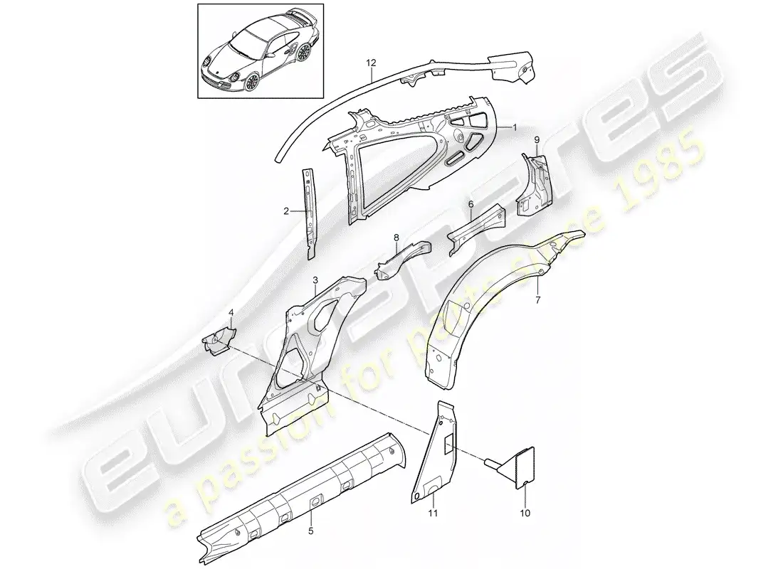 porsche 2011 (997-2 turbo / gt2 rs) diagrama de piezas del panel lateral