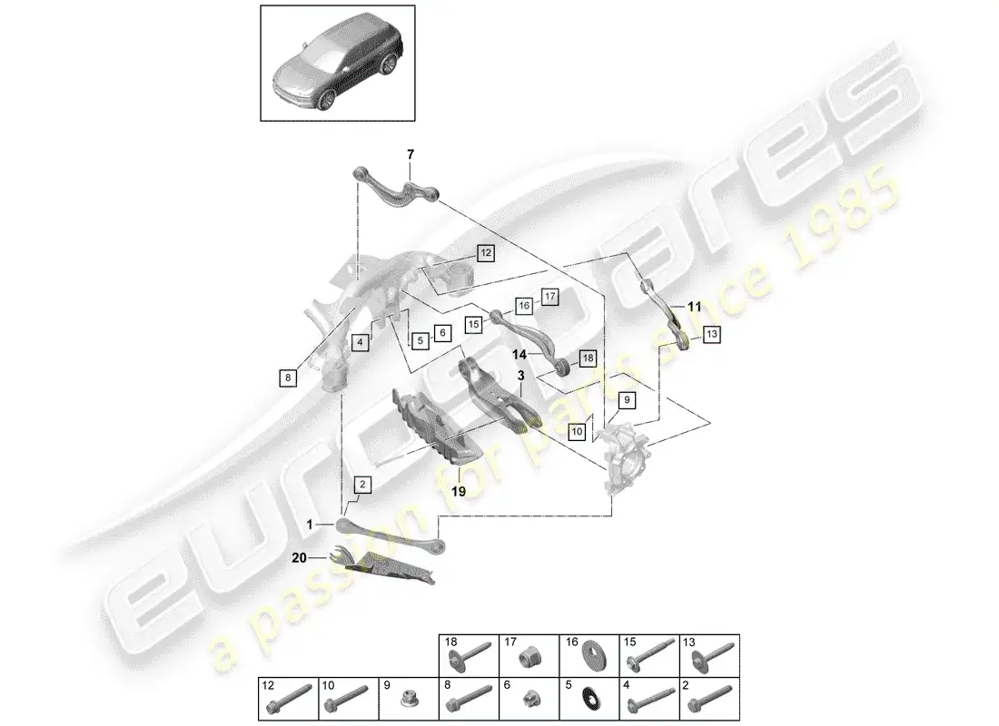porsche 2020 (cayenne e3 9ya/9yb) brazo de control de oruga diagrama de piezas