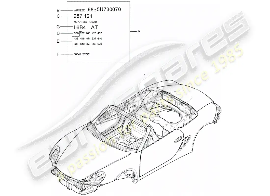 porsche 2005 (987 boxster) cuerpo del auto diagrama de piezas