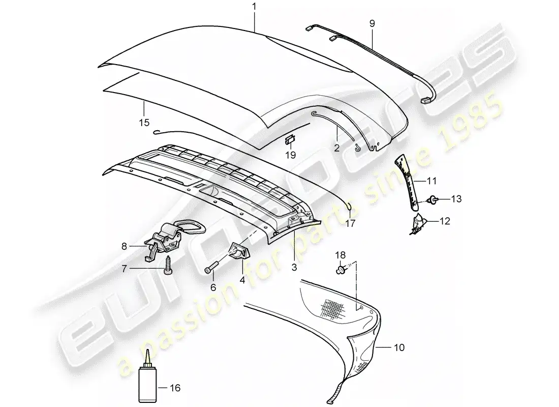 porsche 2005 (987 boxster) cubierta de capota convertible diagrama de piezas