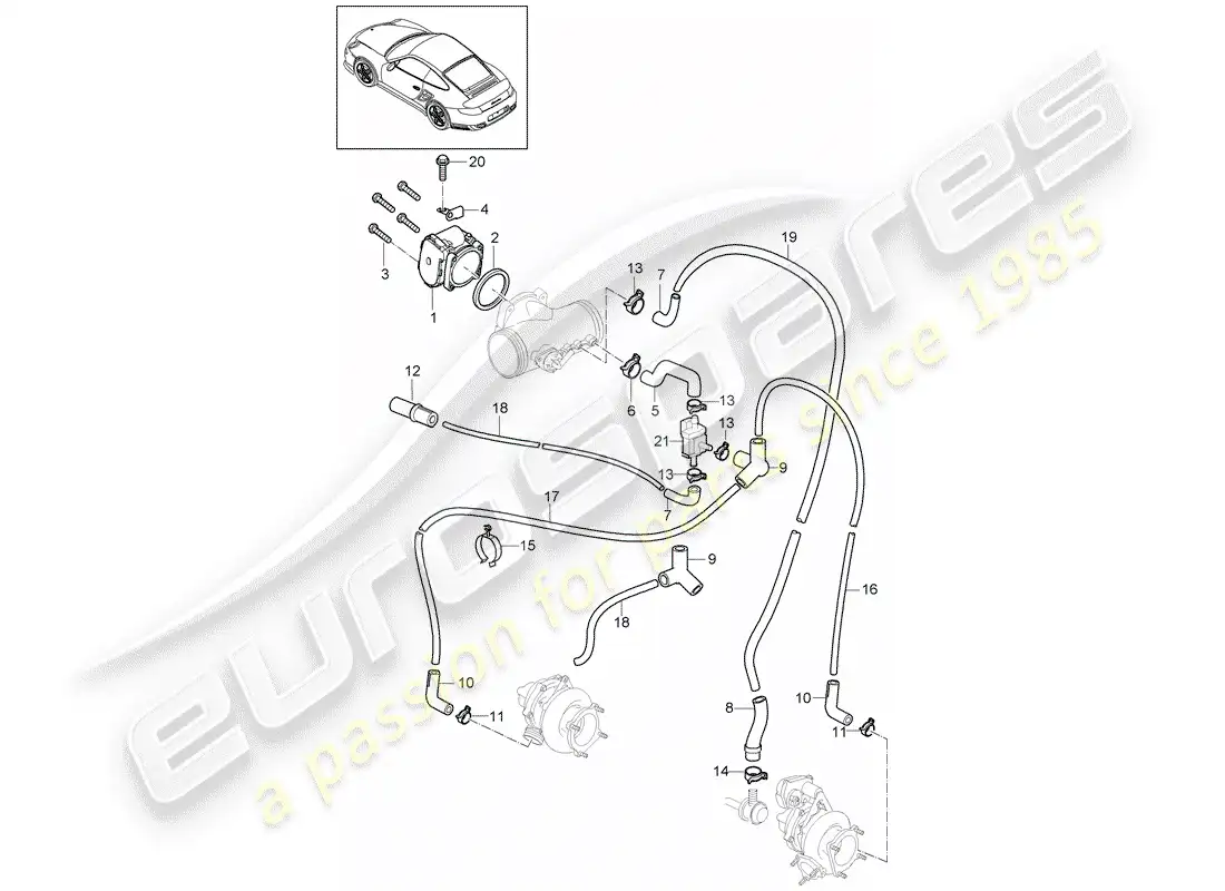 porsche 2011 (997-2 turbo / gt2 rs) diagrama de piezas del cuerpo del acelerador