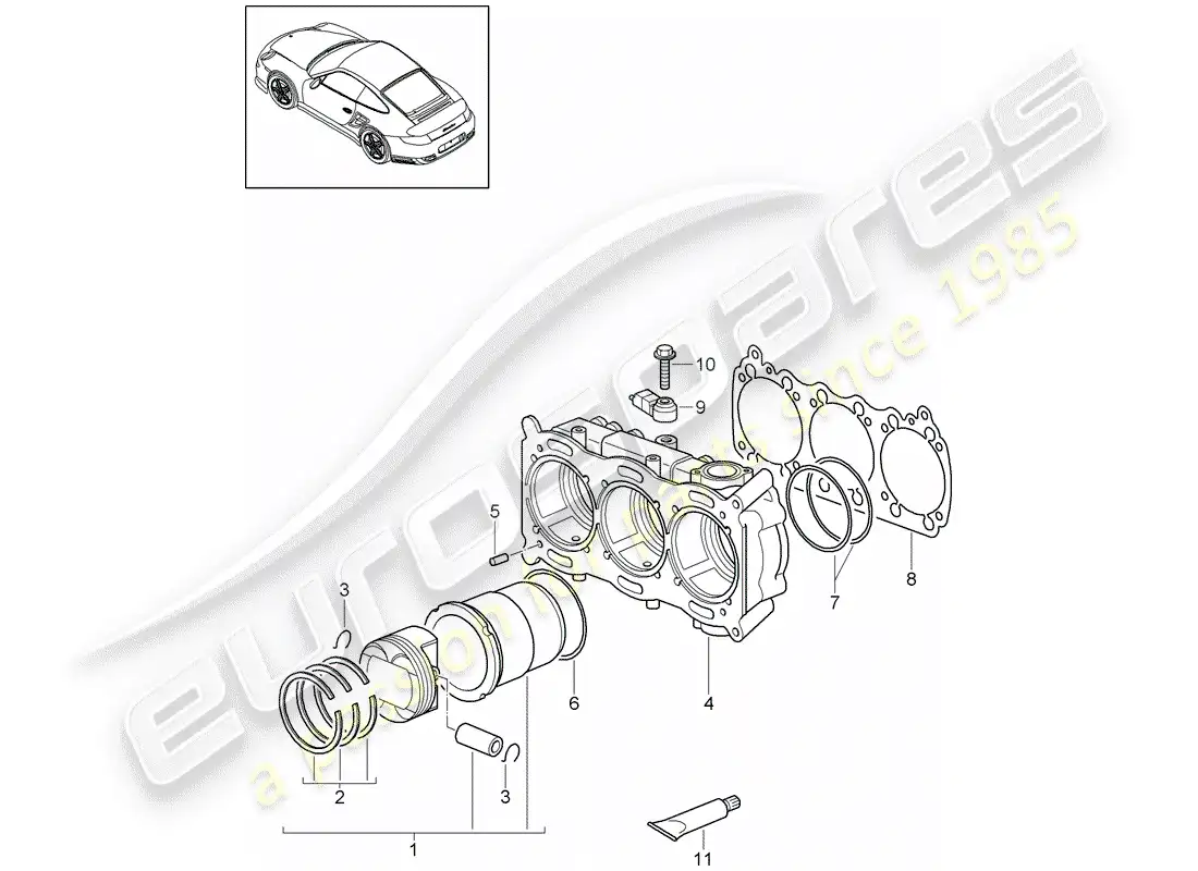 porsche 2011 (997-2 turbo / gt2 rs) cilindro con pistones diagrama de piezas