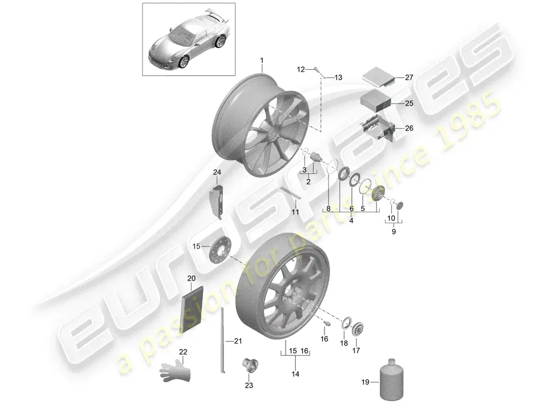 porsche 2014 (991-1 r/gt3/rs) rueda de aleación diagrama de piezas