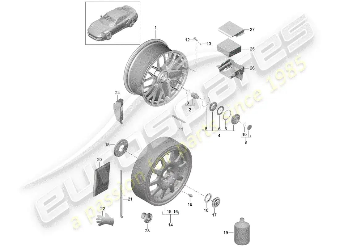 porsche 2020 (991-2 turbo) llanta de aleación con diagrama de piezas