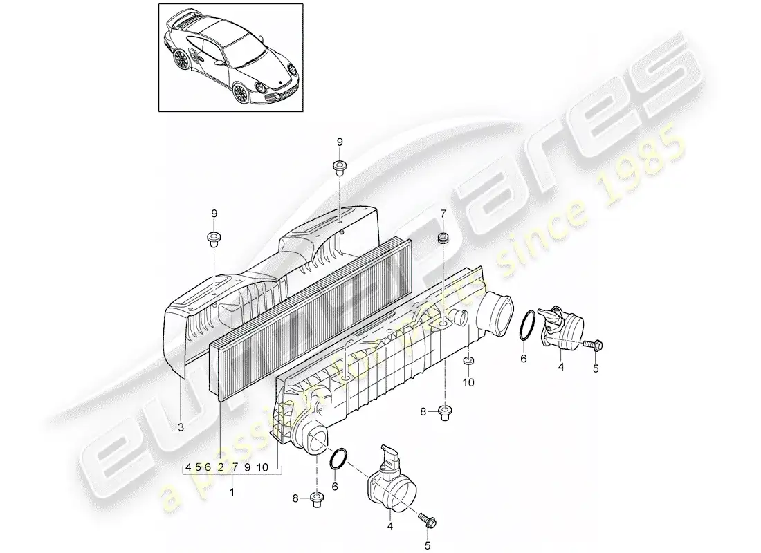 porsche 2011 (997-2 turbo / gt2 rs) diagrama de piezas del limpiador de aire