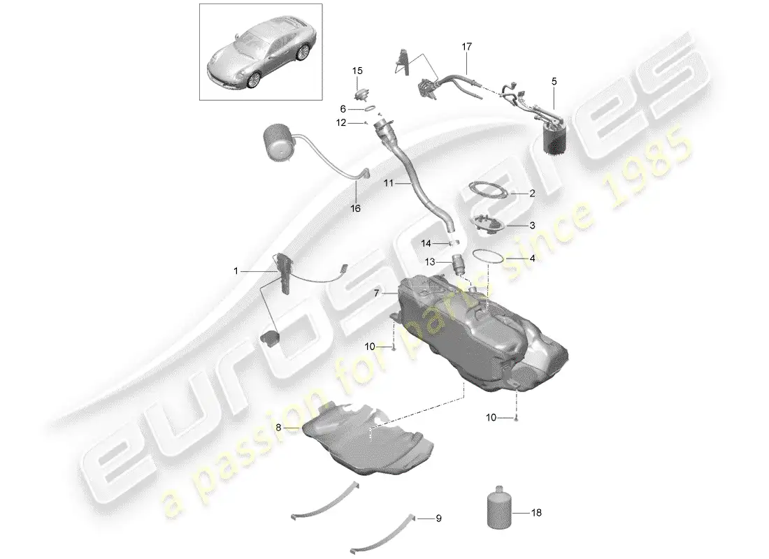 porsche 2016 (991-1 turbo) depósito de combustible diagrama de piezas